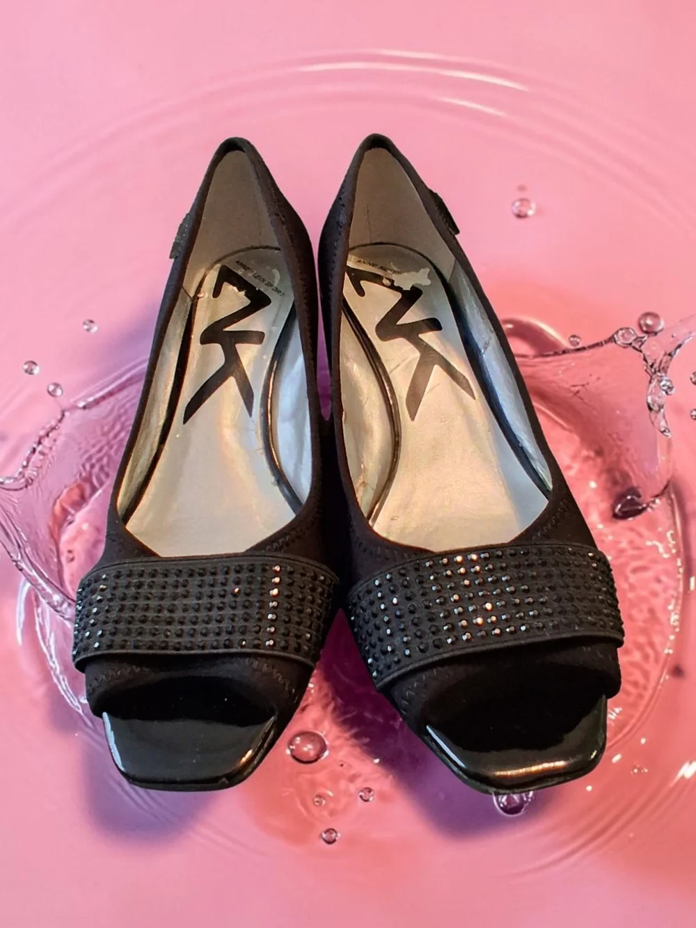 Anne Klein Sport Black Peep-Toe Wedge Pumps with Embellished Strap Womens Sz 8